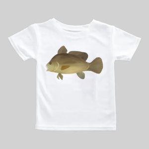 White t-shirt featuring a realistic fish illustration.
