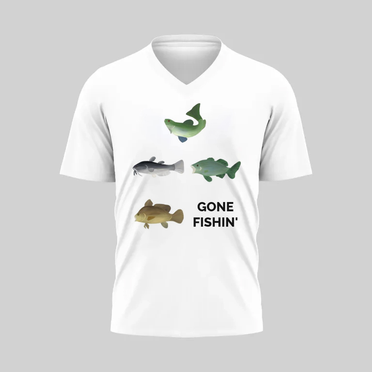 White T-shirt with fish illustrations and 'Gone Fishin'' text.