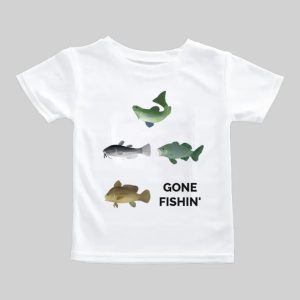 White t-shirt with colorful fish illustrations and 'Gone Fishin'' text.