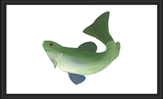 A green fish with a curved tail and red eyes.