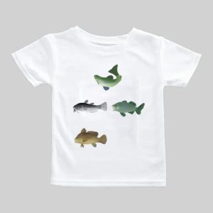 White T-shirt with colorful fish illustrations.