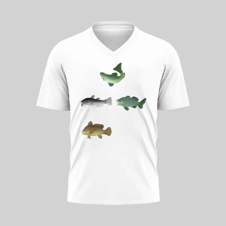 White V-neck t-shirt with four colorful fish illustrations.