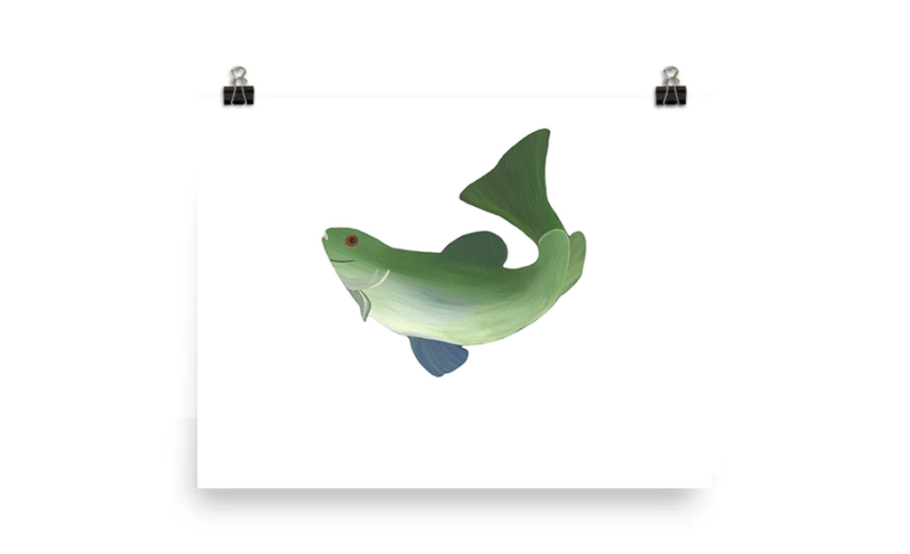 Illustration of a green fish with fins and a tail.