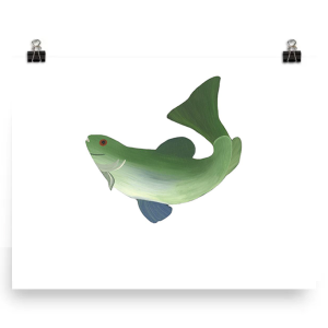 Illustration of a green fish with fins and a tail.