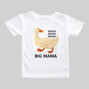 White t-shirt with a cartoon duck and humorous text.