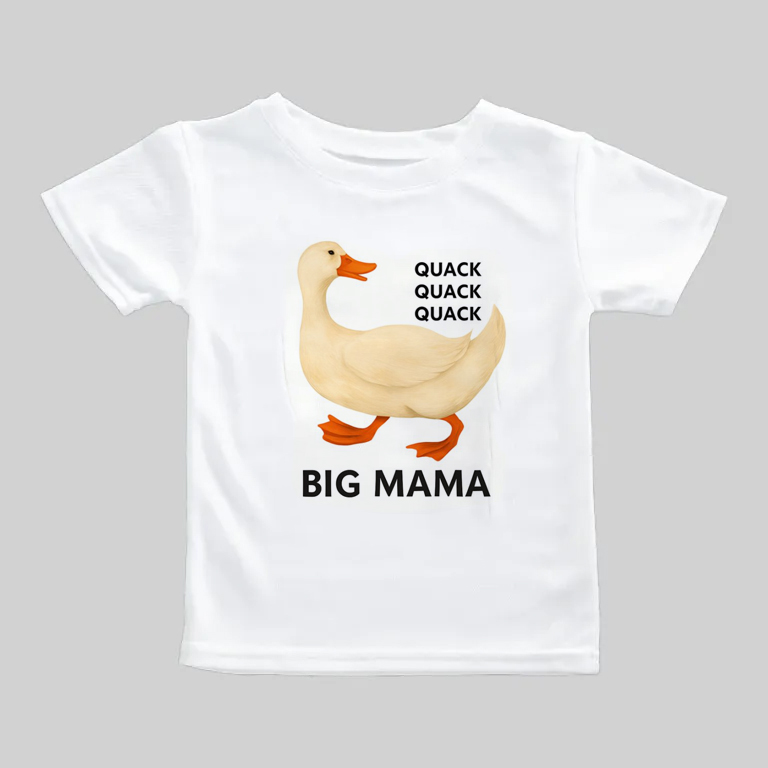 White t-shirt with a cartoon duck and humorous text.