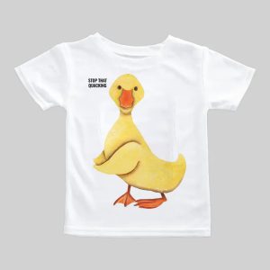 White T-shirt featuring a cute, cartoon yellow duck design.
