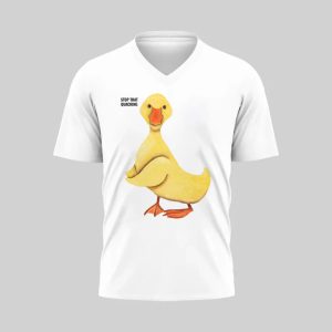 White t-shirt with a cute yellow duck graphic on the front.