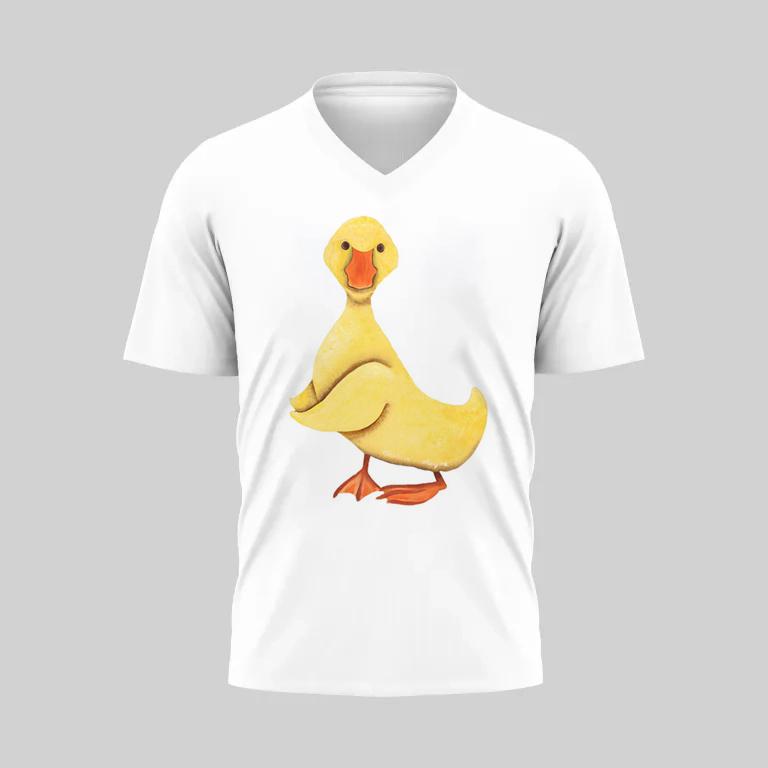 White V-neck T-shirt with a cute cartoon duck print.