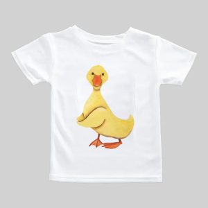 White toddler t-shirt with a cute yellow duck illustration.