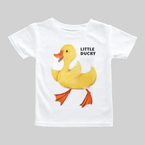 White toddler t-shirt with a cute yellow duck and "Little Ducky" text.