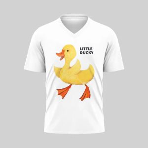 White V-neck shirt with a cute yellow duck and 'Little Ducky' text.