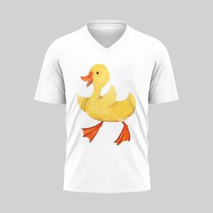 White V-neck shirt with a cute yellow duck illustration.