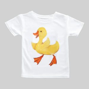 White toddler T-shirt with a cute yellow duck illustration.