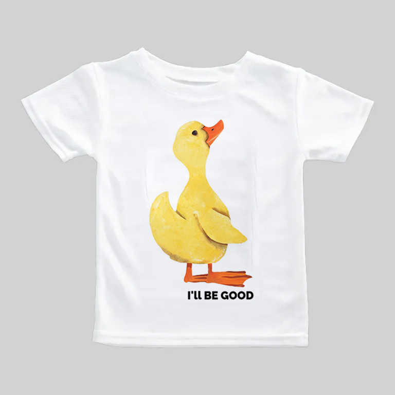 White t-shirt with a cute duck illustration and text.
