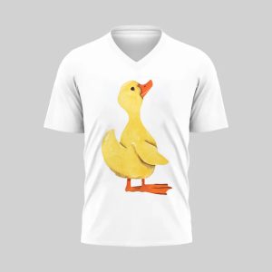 White V-neck T-shirt with a cute yellow duck graphic.