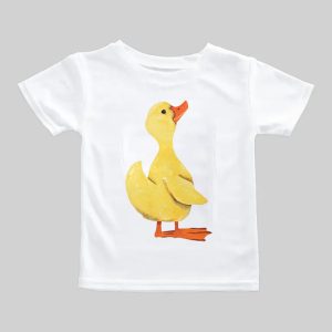 White t-shirt with a cute yellow duck illustration.