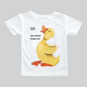 Cute yellow duckling with 'Just ducky thank you' text on a white t-shirt.