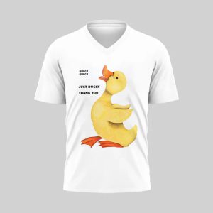 White V-neck T-shirt with a cute duck illustration and text.