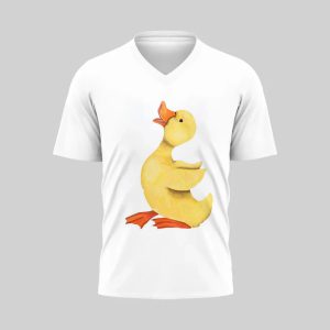 White V-neck T-shirt with a cute yellow duck graphic.