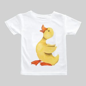 White t-shirt with a cute yellow duck graphic on the front.