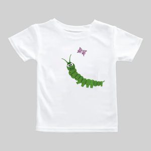White T-shirt featuring a green caterpillar chasing a pink butterfly.