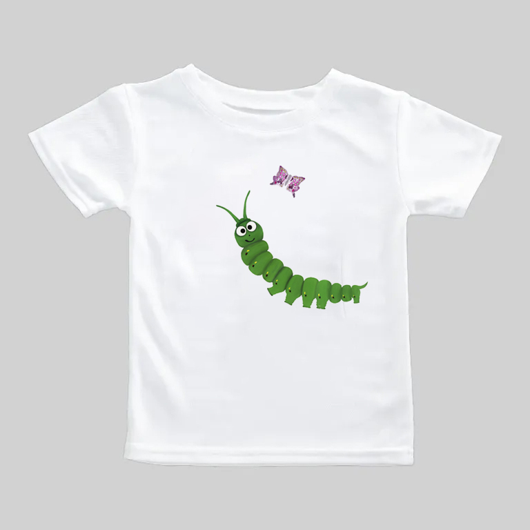 White T-shirt featuring a green caterpillar chasing a pink butterfly.