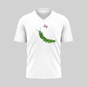 White V-neck t-shirt with a green caterpillar and a red butterfly design.
