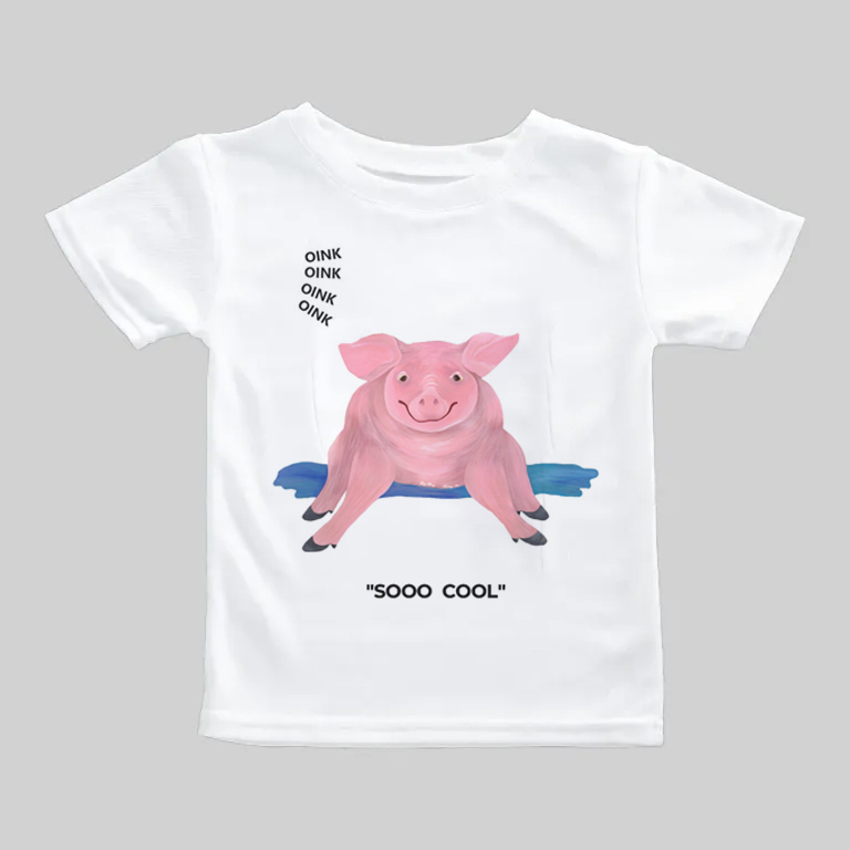 White t-shirt with a pink pig graphic and "SOOO COOL" text.