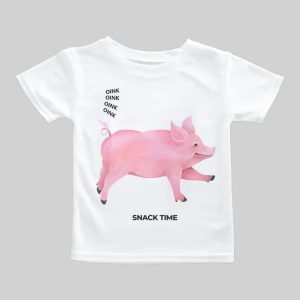 White T-shirt with a playful pink pig graphic and 'SNACK TIME' text.