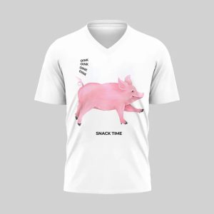 White V-neck T-shirt with a pink pig graphic and text.