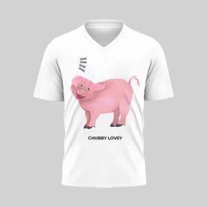 White t-shirt with a pink pig graphic and text.