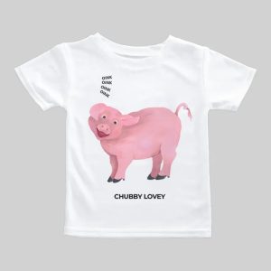 White T-shirt with a pink monkey graphic and text.