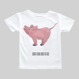 White T-shirt with a pink pig illustration and playful text.