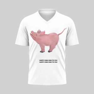 White V-neck t-shirt with a pink pig graphic and text below.