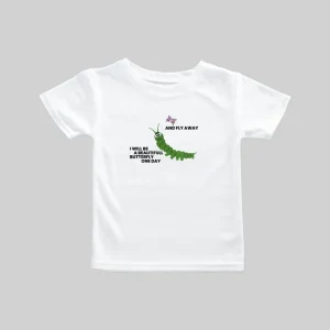 White T-shirt with a green caterpillar and text design.
