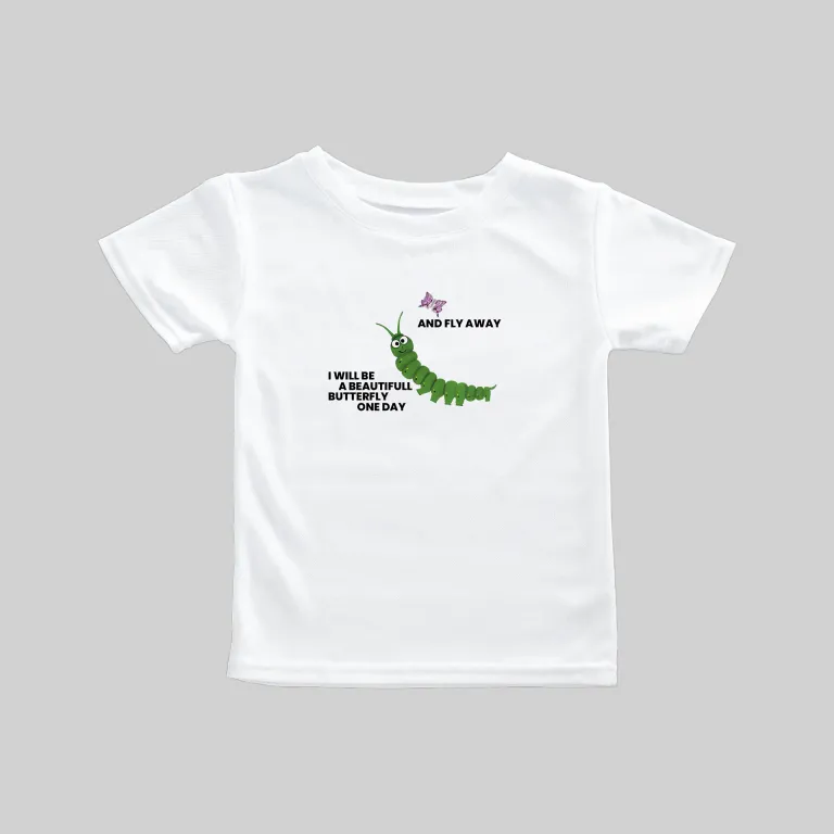 White T-shirt with a green caterpillar and text design.