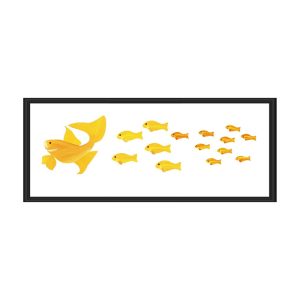Framed artwork of goldfish in various sizes arranged in a row.
