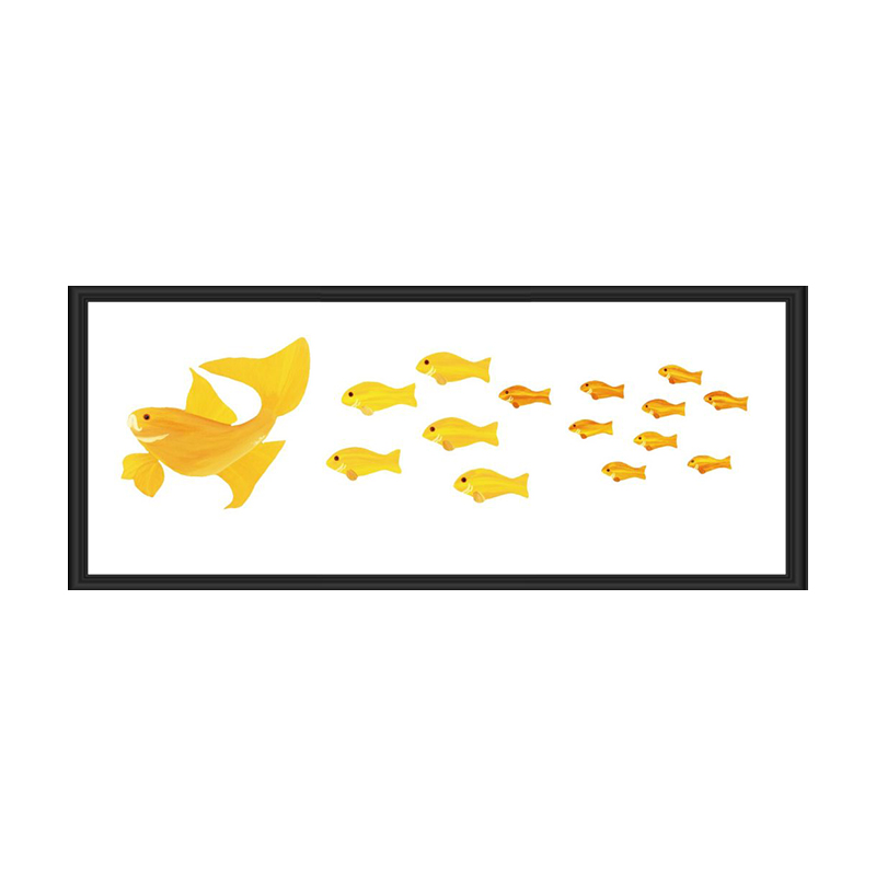 Framed artwork of goldfish in various sizes arranged in a row.
