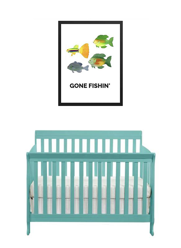 A teal baby crib under a framed 'Gone Fishin'' fish illustration.