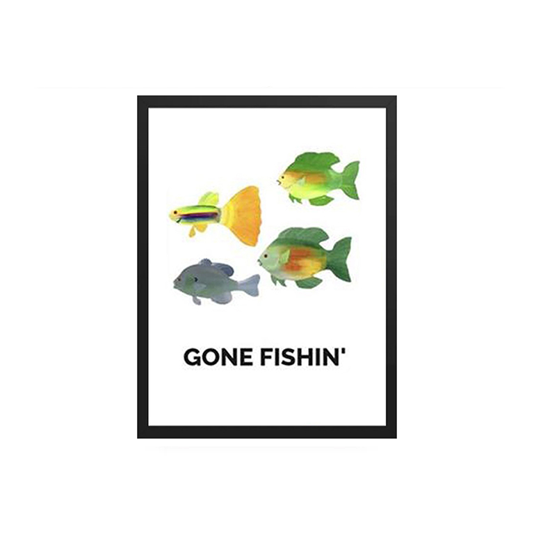 Illustration of four colorful fish with the text 'Gone Fishin'' beneath.