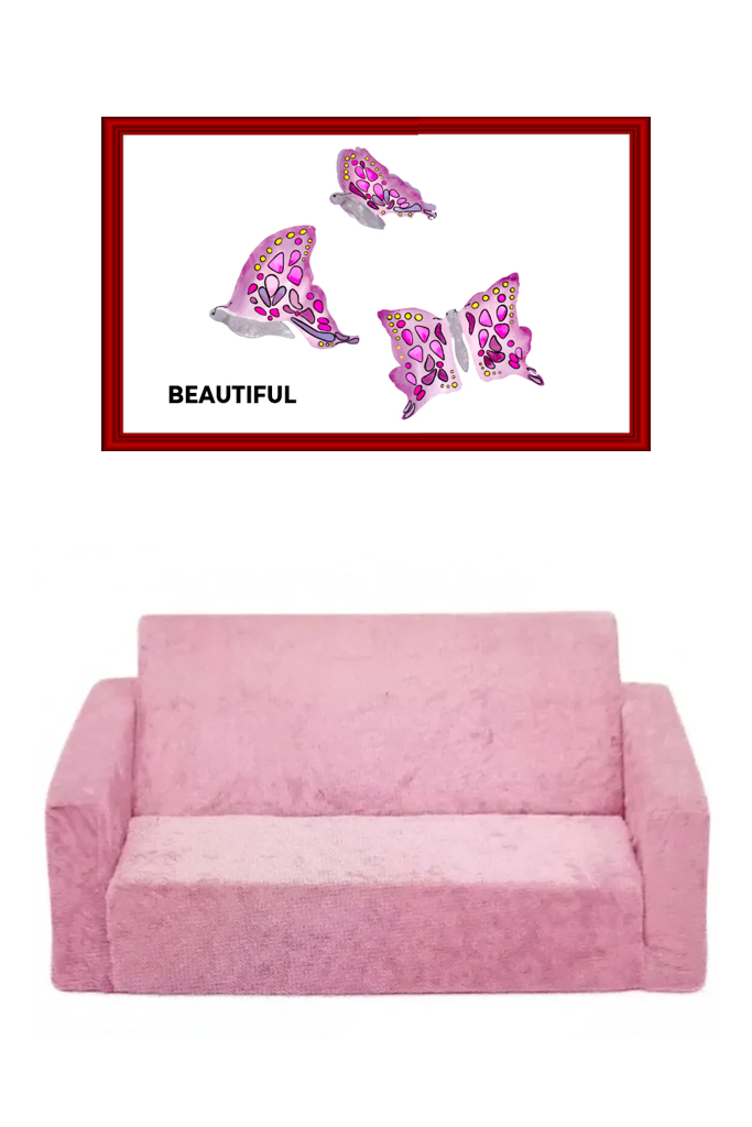 Pink sofa with decorative butterfly wall art above.