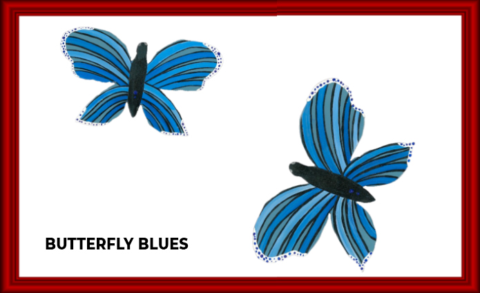 Illustration of two blue butterflies with black stripes on white background.