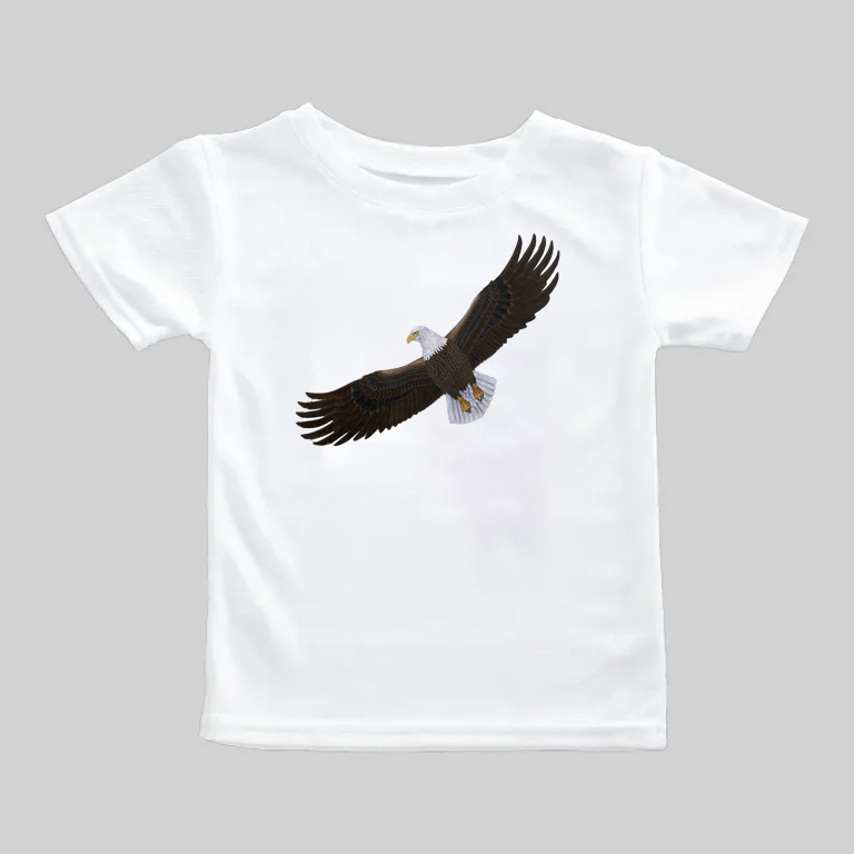 White t-shirt with a soaring eagle graphic in the center.