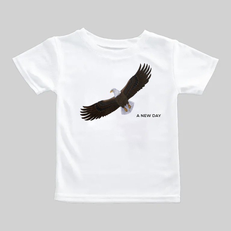 White t-shirt with a soaring eagle graphic and 'A LONG WAY' text.
