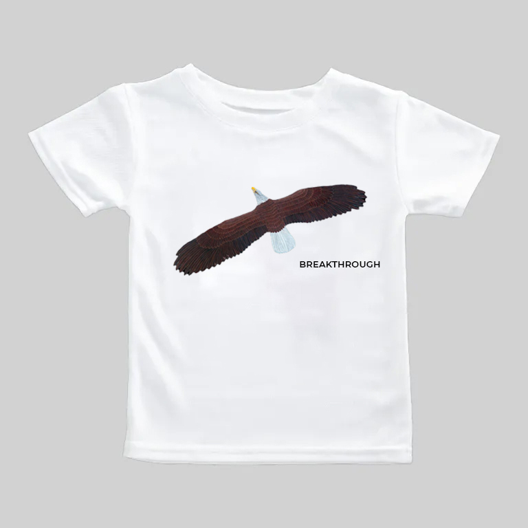 White t-shirt with a large eagle graphic and text design.