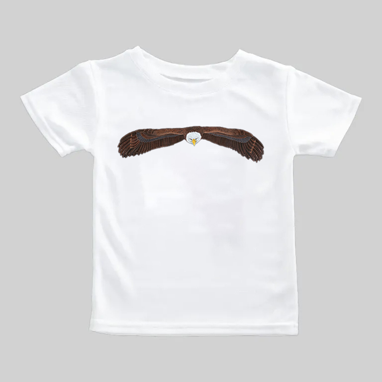 White t-shirt with a brown mustache graphic on the chest.