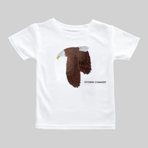White t-shirt with a detailed flying eagle graphic and text.