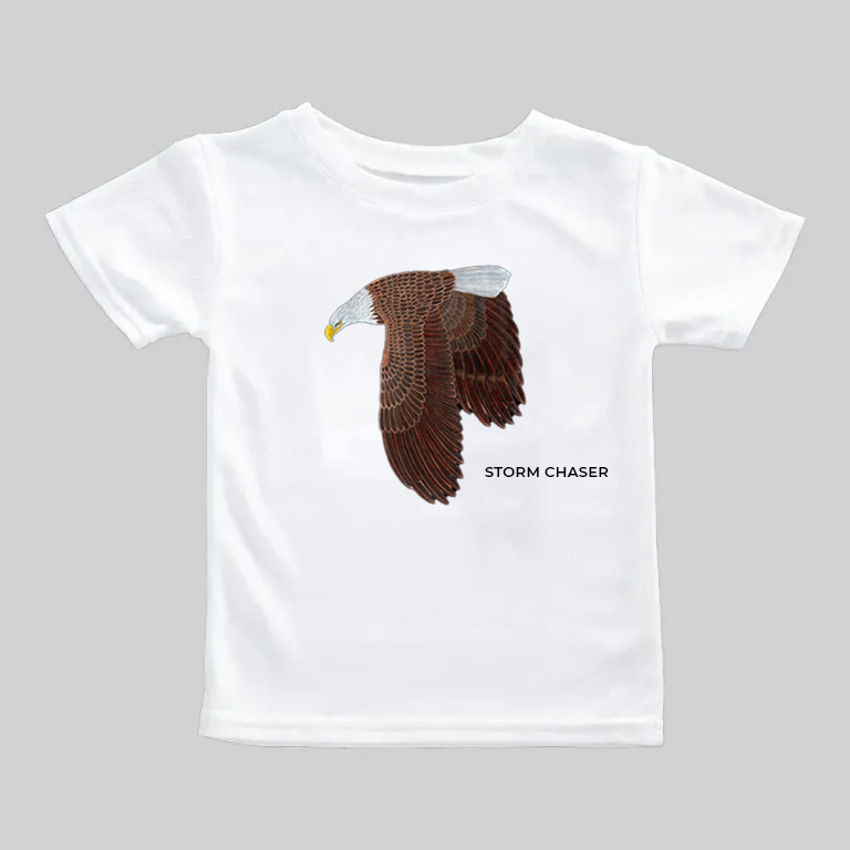 White t-shirt with a detailed flying eagle graphic and text.