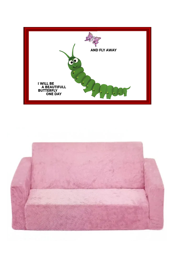 A green caterpillar poster above a pink sofa.